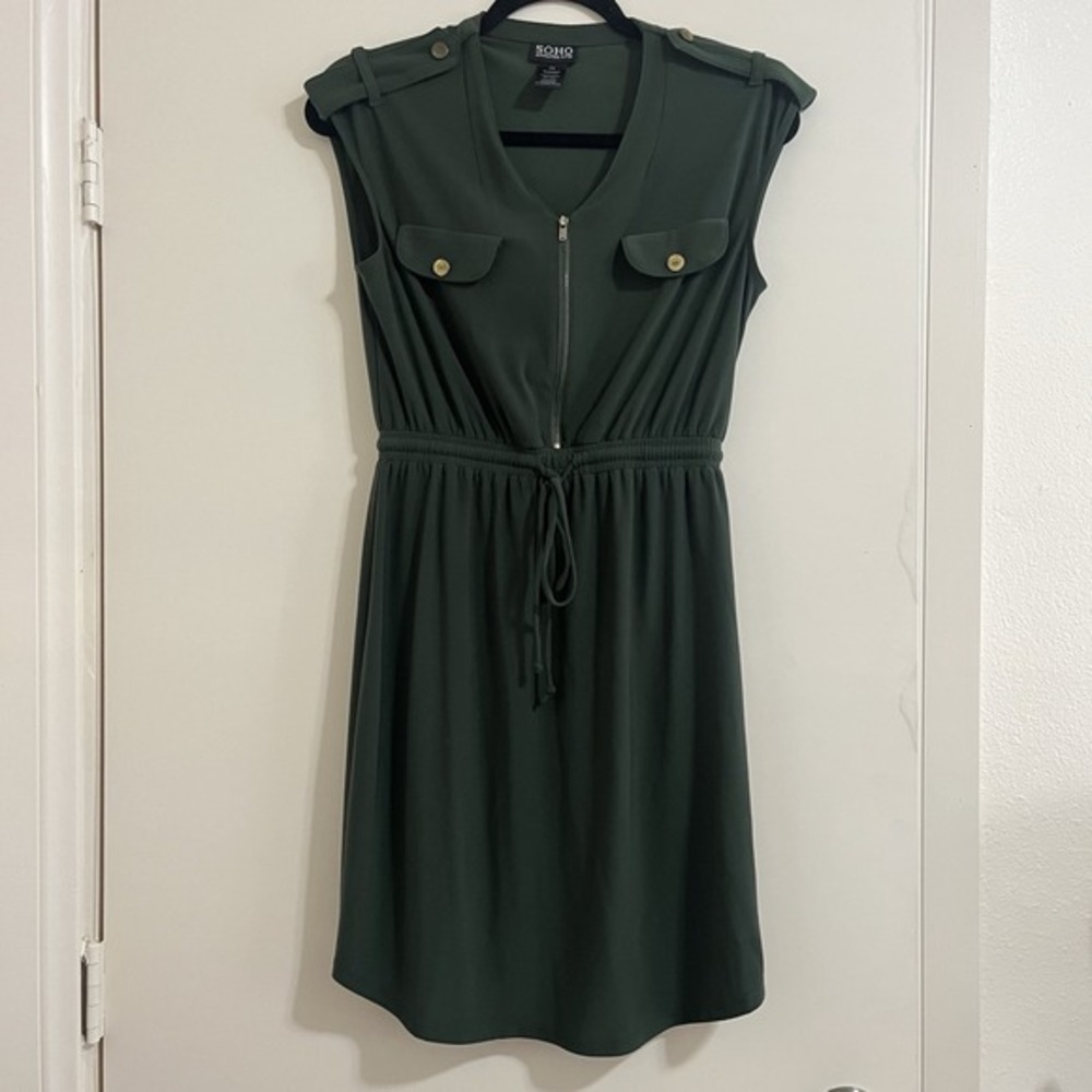 SOHO Apparel Womens Military Utility‎ Dress PSmall Olive Zip Front Safari Casual